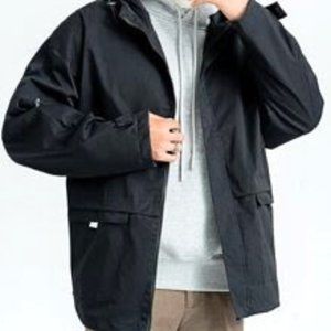 Letter Graphic Drawstring Hooded Jacket / Black / XL